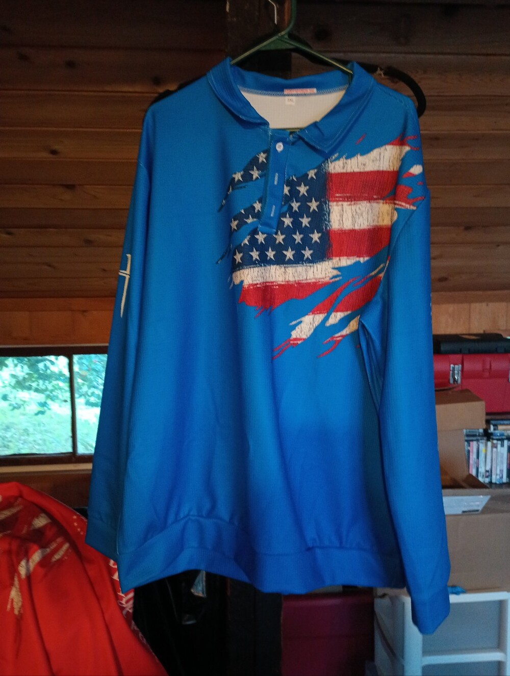 Blue Long Sleeve Polo with Distressed American Flag Graphic